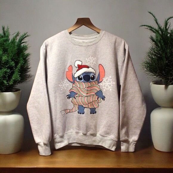 Disney Lilo & Stitch Christmas Women's Sweater Gray Cute Funny Gray Small - Picture 1 of 6